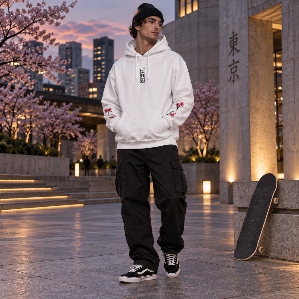 DGK Life Cherry Blossom Embroidered White Hoodie Men's Large Streetwear